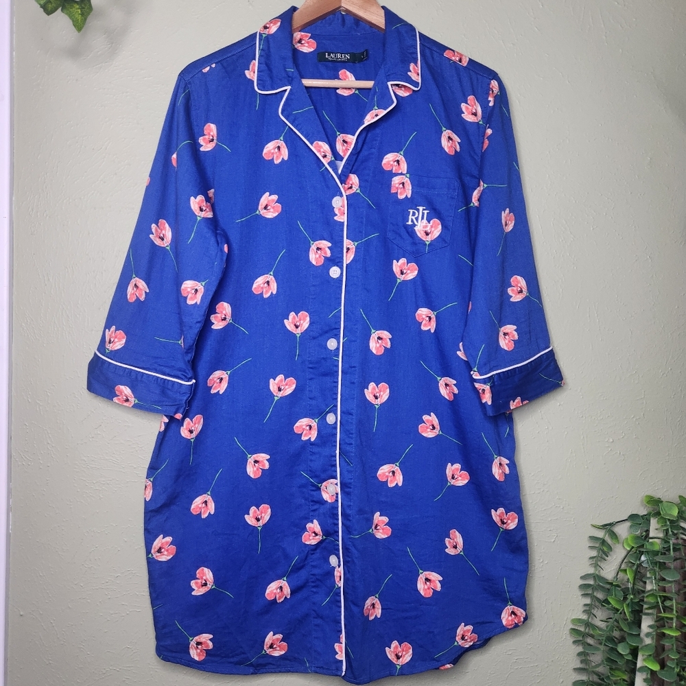 Lauren Ralph Lauren Poppy Cotton Sleep Shirt Large Floral Navy Coral